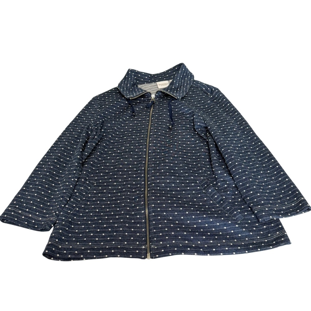 Weekends by Chicos Blue Polka Dot Full Zip Jacket Size 0 S 3/4 Sleeve Textured
